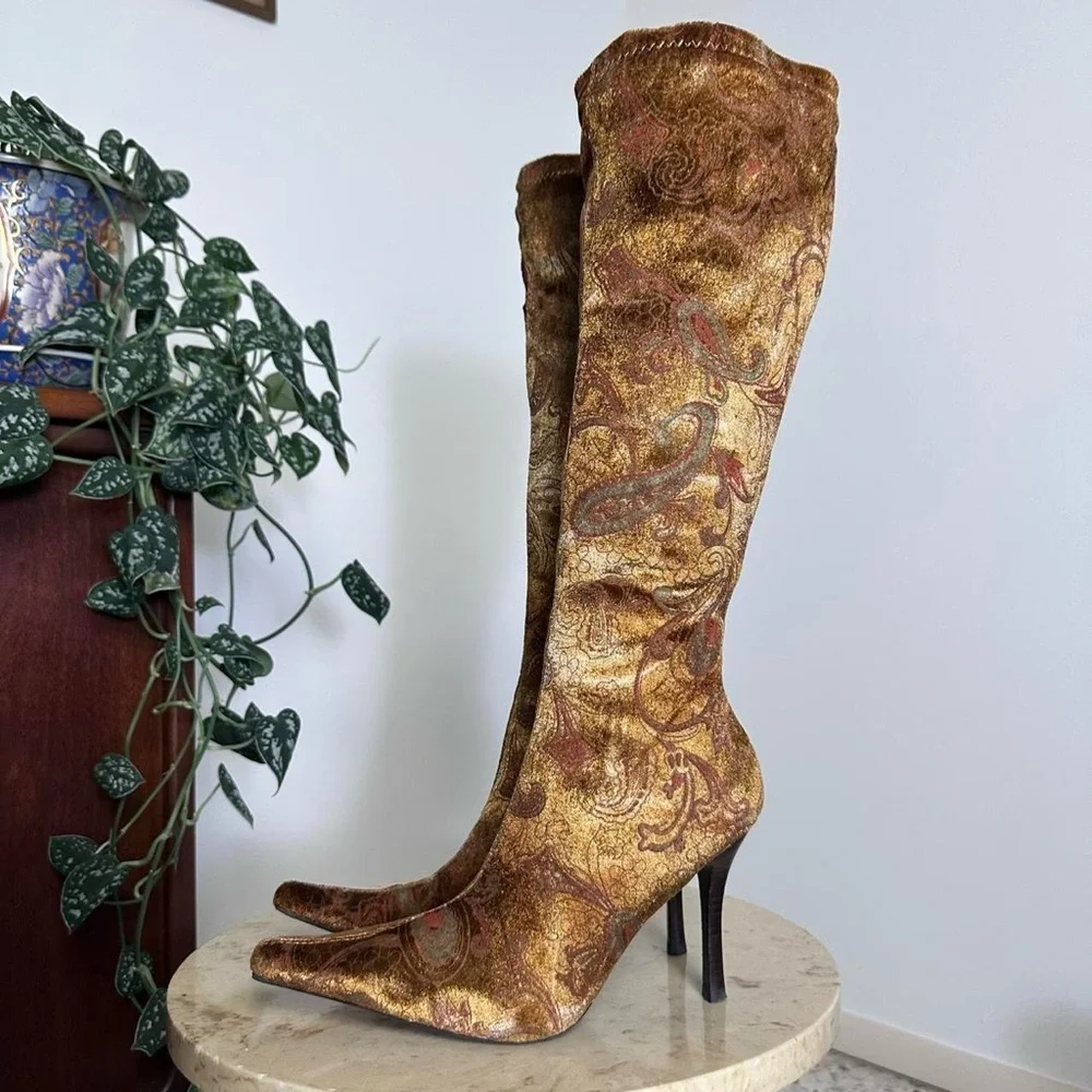 Vintage 90s 2000s knee high square pointed toe high heel, velvet paisley pattern - Picture 3 of 8